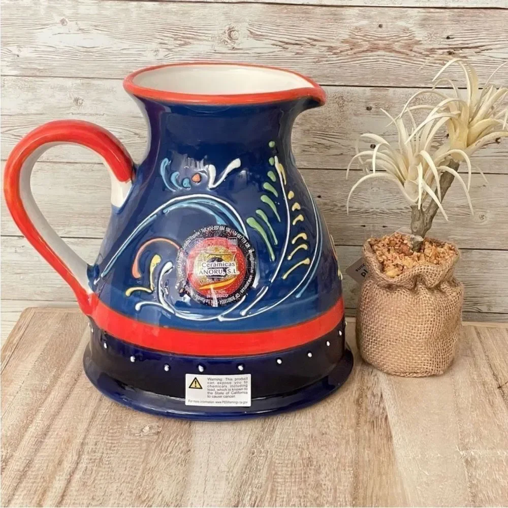 NWT Cerámicas Anoru S.L. Blue Red Hand Painted Ceramic Pitcher Made in Spain